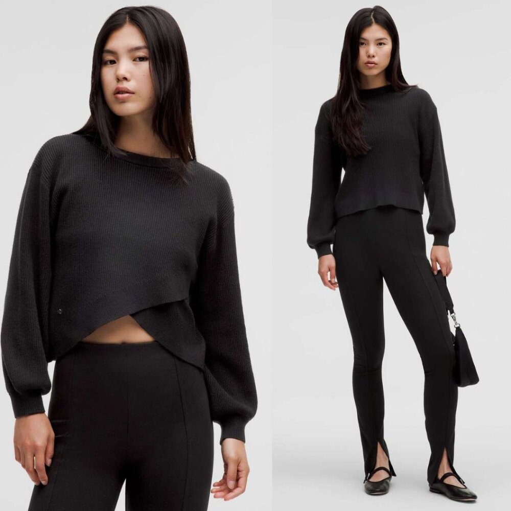 Lululemon Black Cotton Modal Ribbed Knit Crossover Sweater